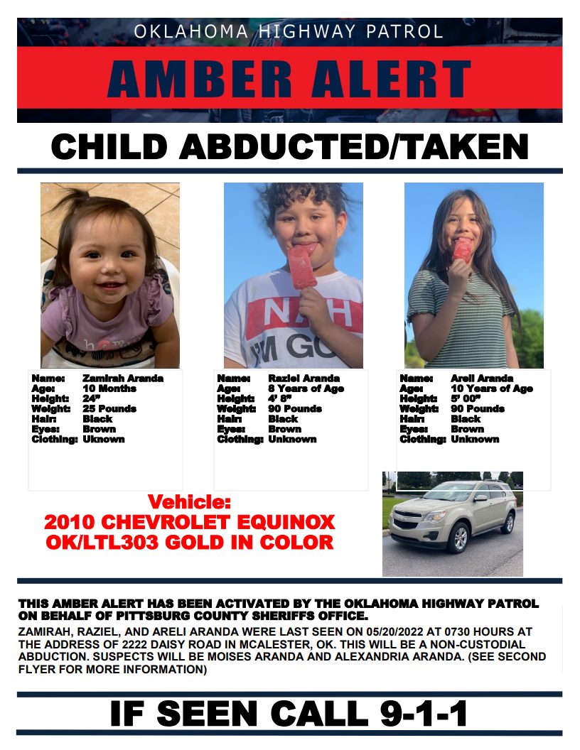 The Oklahoma Highway Patrol has issued an Amber Alert at the request of